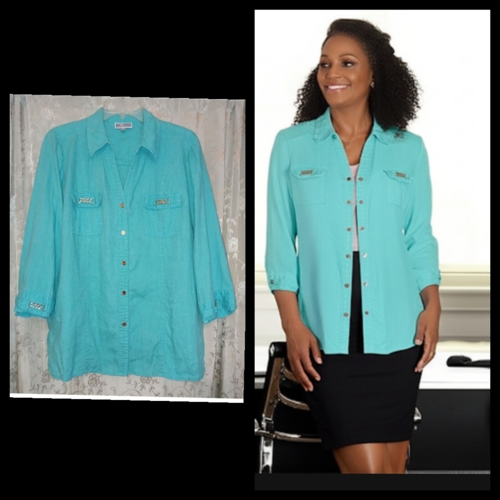 100% Linen Blue Green Teal Button Down Summer Shacket Size 14▪